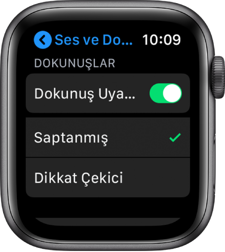 Apple Watch’ta Dokunuş Uyarıları anahtarı ile altında Saptanmış ve Dikkat Çekici seçeneklerinin olduğu Ses ve Dokunuş ayarları.