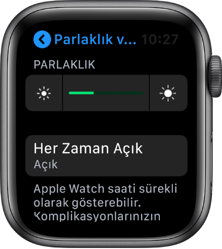 Parlaklık ve Metin Puntosu ekranında Her Zaman Açık düğmesini gösteren Apple Watch ekranı.