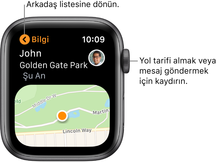 Ne kadar uzakta oldukları ve haritadaki konumları da dahil olmak üzere bir arkadaşınızın konumu hakkındaki ayrıntıları gösteren ekran.