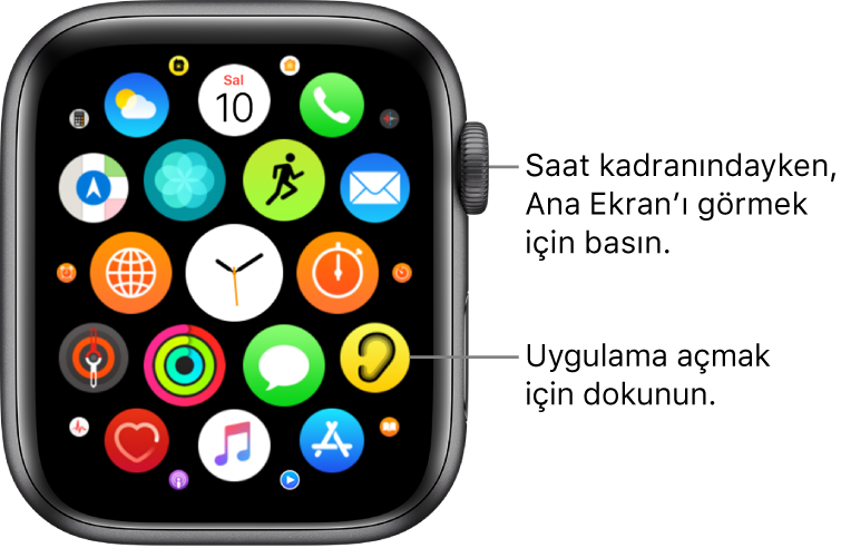 Apple Watch’ta küme şeklindeki uygulamalarla ızgara görüntüsündeki ana ekran. Açmak istediğiniz bir uygulamaya dokunun. Diğer uygulamaları görmek için sürükleyin.