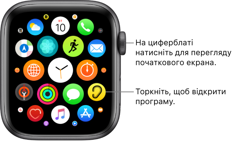Початковий екран у виді сіткою на Apple Watch, програми представлені у вигляді групи. Торкніть програму, щоб відкрити її. Перетягніть, щоб побачити інші програми.