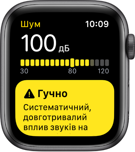 Програма «Шум» із показником 100 дБ. Нижче відображається попередження щодо довготривалого впливу звуків на цьому рівні.