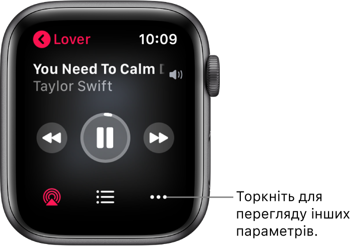 Екран «Зараз грає» в програмі «Музика». Назву альбому вказано у верхньому лівому куті. Назва пісні та ім’я виконавця наведені вгорі, елементи керування відтворенням — посередині, а кнопки AirPlay, «Список доріжок» і «Опції» розташовані внизу.