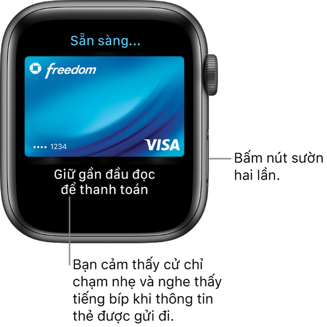 Màn hình Apple Pay với “Sẵn sàng” ở trên cùng và “Giữ gần đầu đọc để thanh toán” ở dưới cùng; bạn cảm thấy một cử chỉ chạm nhẹ và nghe thấy tiếng bíp khi thông tin thẻ được gửi đi.