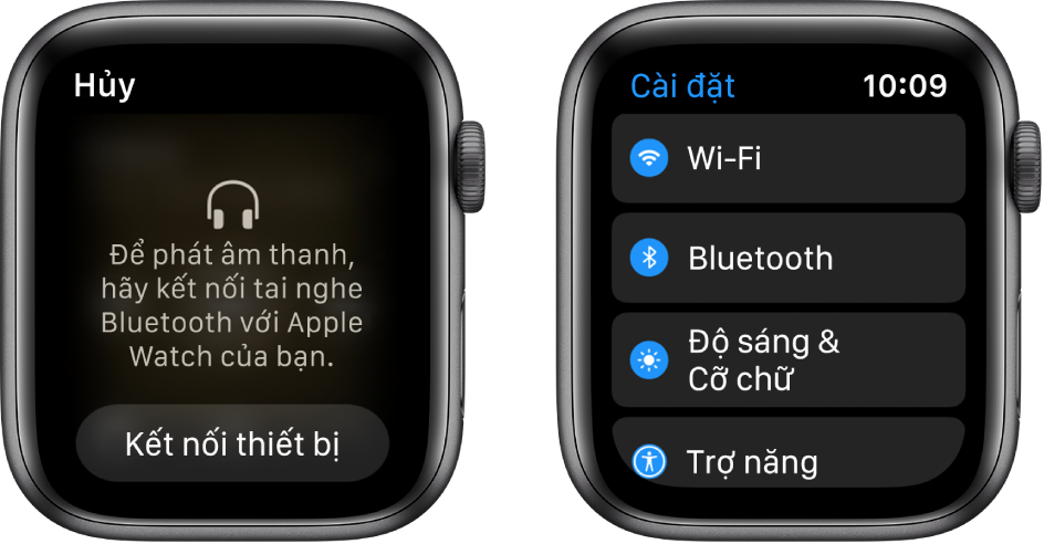 Nếu bạn chuyển nguồn âm thanh sang Apple Watch trước khi ghép đôi loa hoặc tai nghe Bluetooth, nút Kết nối thiết bị xuất hiện ở cuối màn hình đưa bạn tới cài đặt Bluetooth trên Apple Watch, nơi bạn có thể thêm thiết bị nghe.