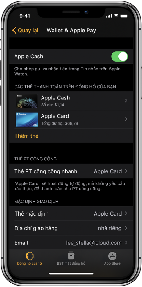 Màn hình Wallet & Apple Pay trong ứng dụng Apple Watch trên iPhone. Màn hình hiển thị các thẻ được thêm vào Apple Watch, thẻ mà bạn đã chọn để sử dụng cho phương tiện công cộng nhanh và cài đặt mặc định của giao dịch.