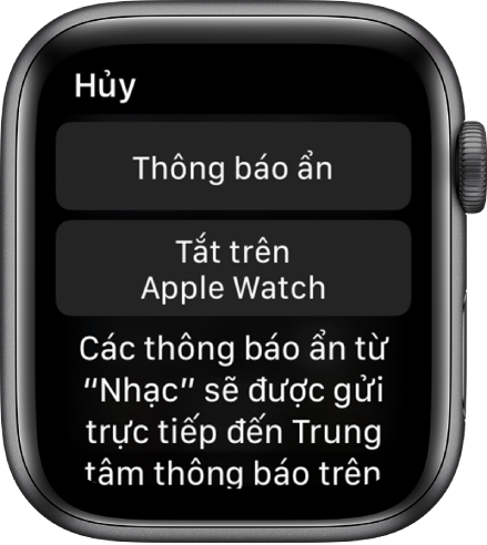 Cài đặt Thông báo trên Apple Watch. Nút trên cùng có nội dung “Thông báo ẩn” và nút dưới cùng có nội dung “Tắt trên Apple Watch”.