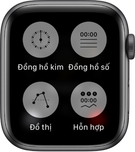 Khi ứng dụng Bấm giờ được mở và màn hình được nhấn, màn hình hiển thị bốn nút cho phép bạn đặt định dạng: Đồng hồ kim, Đồng hồ số, Đồ thị hoặc Hỗn hợp.