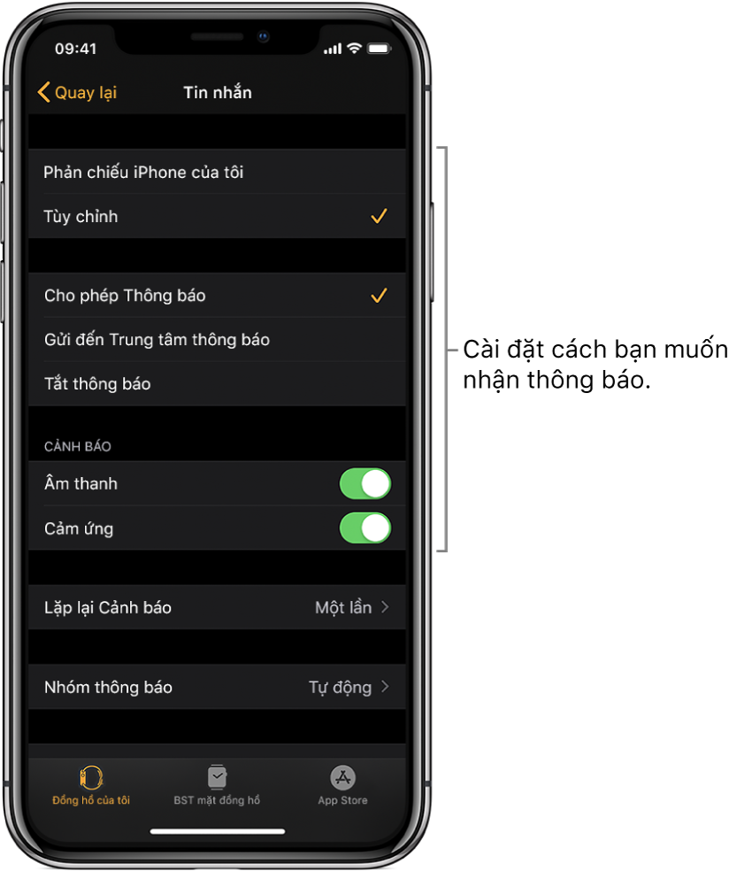 Cài đặt Tin nhắn trong ứng dụng Apple Watch trên iPhone. Bạn có thể chọn xem có hiển thị cảnh báo không, bật âm thanh, bật cảm ứng và lặp lại cảnh báo.