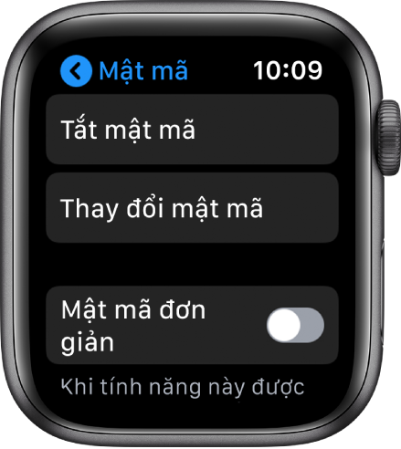 Cài đặt Mật mã trên Apple Watch, với nút Tắt mật mã ở trên cùng, nút Thay đổi mật mã ở bên dưới và Mật mã đơn giản ở dưới cùng.