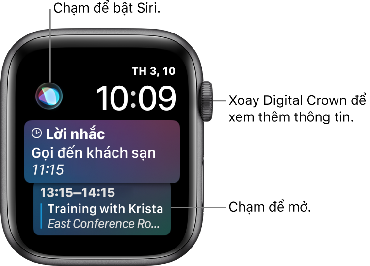 Mặt đồng hồ Siri đang hiển thị lời nhắc và một sự kiện trên lịch. Nút Siri ở trên cùng bên trái của màn hình. Ngày và giờ ở trên cùng bên phải.