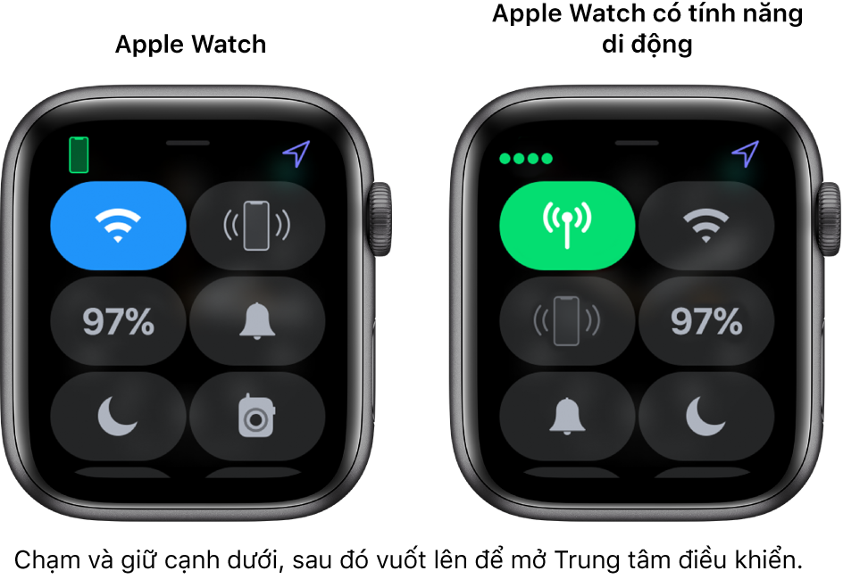 Hai hình ảnh: Apple Watch không có tín hiệu di động ở bên trái, đang hiển thị Trung tâm điều khiển. Nút Wi-Fi ở trên cùng bên trái, nút Ping iPhone ở trên cùng bên phải, nút Phần trăm pin ở giữa bên trái, nút Chế độ im lặng ở giữa bên phải, nút Không làm phiền ở dưới cùng bên trái và nút Bộ đàm ở dưới cùng bên phải. Hình ảnh bên phải hiển thị Apple Watch có tín hiệu di động. Trung tâm điều khiển hiển thị nút Di động ở trên cùng bên trái, nút Wi-Fi ở trên cùng bên phải, nút Ping iPhone ở giữa bên trái, nút Phần trăm pin ở giữa bên phải, nút Chế độ im lặng ở dưới cùng bên trái và nút Không làm phiền ở dưới cùng bên phải.