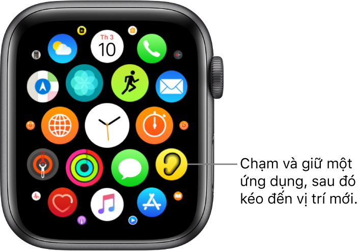 Màn hình chính của Apple Watch trong chế độ xem lưới. Chú thích có nội dung: “Chạm và giữ một ứng dụng, sau đó kéo đến vị trí mới”.