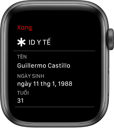 Màn hình ID y tế đang hiển thị tên người dùng, ngày sinh và tuổi.