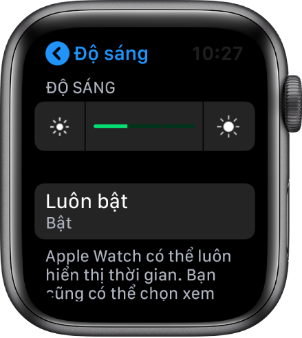Màn hình Apple Watch đang hiển thị nút Luôn bật trong màn hình Độ sáng và Cỡ chữ.
