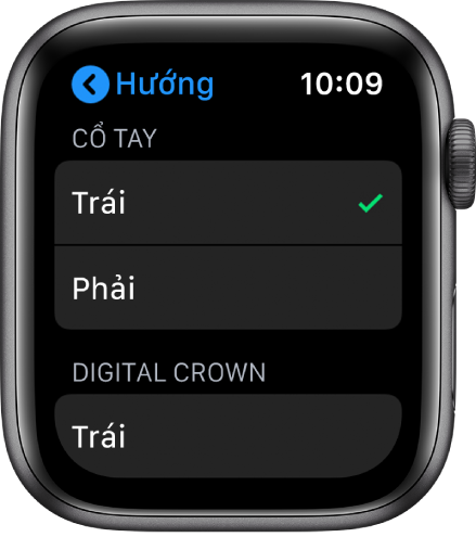 Màn hình Hướng trên Apple Watch. Bạn có thể cài đặt tùy chọn cổ tay và Digital Crown của mình.