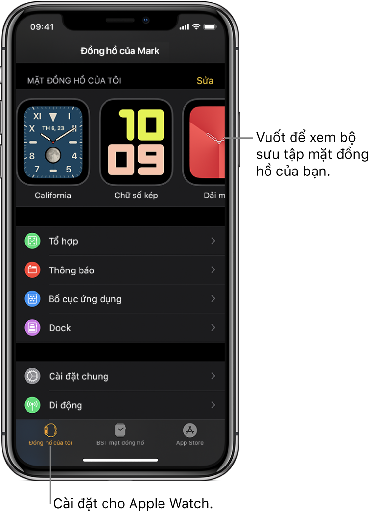 Ứng dụng Apple Watch trên iPhone mở ra màn hình Đồng hồ của tôi, hiển thị các mặt đồng hồ của bạn ở gần trên cùng và các cài đặt ở bên dưới. Có ba tab ở dưới cùng của màn hình ứng dụng Apple Watch: tab bên trái là Đồng hồ của tôi, là nơi dành cho các cài đặt của Apple Watch; tiếp theo là BST mặt đồng hồ, là nơi bạn khám phá các mặt đồng hồ và tổ hợp có sẵn; sau đó là App Store, là nơi bạn có thể tải về các ứng dụng cho Apple Watch.