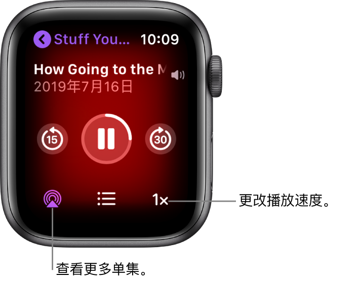 “播客”的“播放中”屏幕，显示节目标题、单集标题、日期、向后跳 15 秒按钮、暂停按钮、向前跳 30 秒按钮、单集按钮、音量指示器以及播放速度按钮。