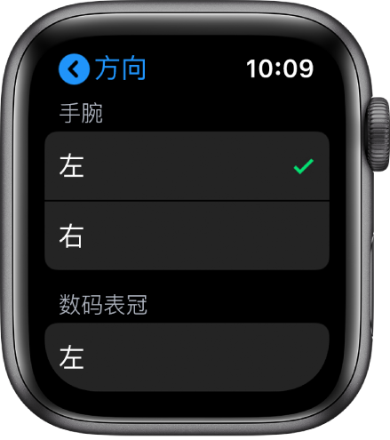 Apple Watch 上的“方向”屏幕。您可以设置佩戴手腕和数码表冠的偏好设置。