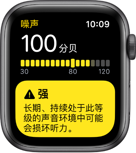 “噪声” App 显示 100dB 的噪声读数。长期暴露于此噪声级的警告显示在下方。