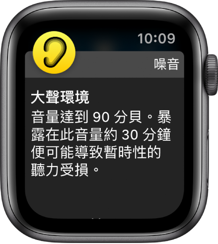 Apple Watch 顯示一項「噪音」通知。與通知相關聯的 App 圖像會顯示在左上角。你可以點一下圖像以開啟 App。