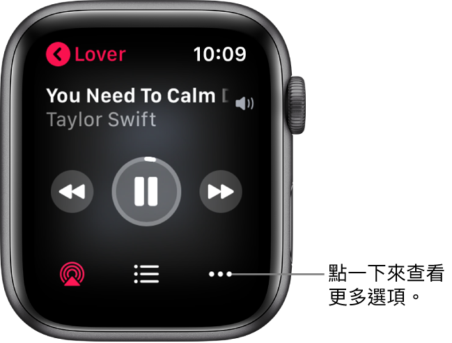 「音樂」App 中的「播放中」畫面。專輯名稱位於左上方。歌曲標題和藝人位於上方、播放控制項目位於中央，而 AirPlay、音軌列表和「選項」按鈕位於底部。