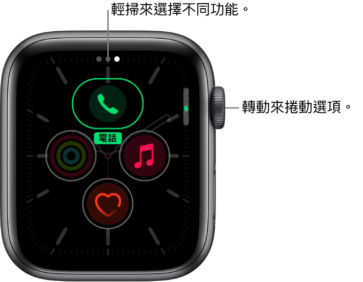 「子午線」錶面的自訂畫面，重點標示「電話」複雜功能。轉動「數碼錶冠」以更改選項。