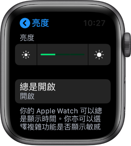 Apple Watch 螢幕顯示「亮度與文字大小」畫面中的「總是開啟」按鈕。