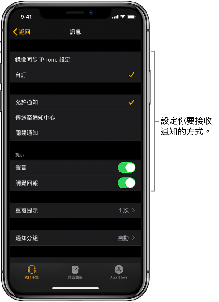 iPhone 上 Apple Watch App 中的「訊息」設定。你可以選擇是否顯示提示、開啟聲音、開啟觸覺回報，以及重複提示。