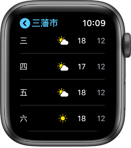 「天氣」App 正在顯示每週預測。