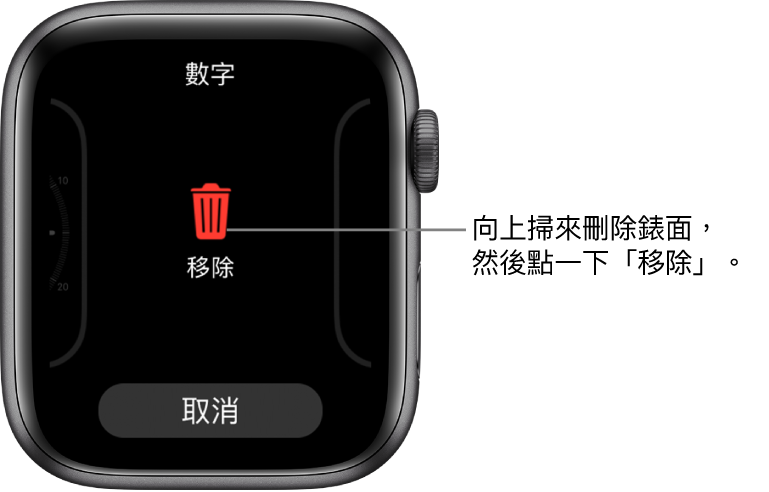 Apple Watch 畫面，當你輕掃至錶面並向上掃以刪除後，會顯示「移除」及「取消」按鈕。