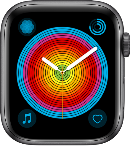 「Pride 指針」錶面使用圓形樣式。共顯示四個複雜功能：「呼吸」位於左上方、「健身記錄」位於右上方、「音樂」位於左下方，以及「心率」位於右下方。