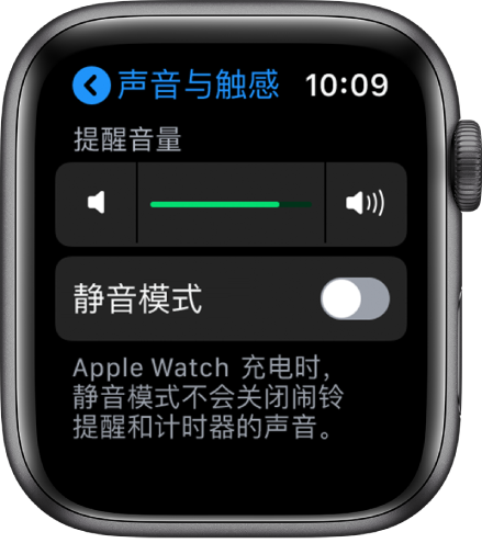 Apple Watch 上的“声音与触感”设置，顶部为“提醒音量”滑块，下方为静音模式按钮。