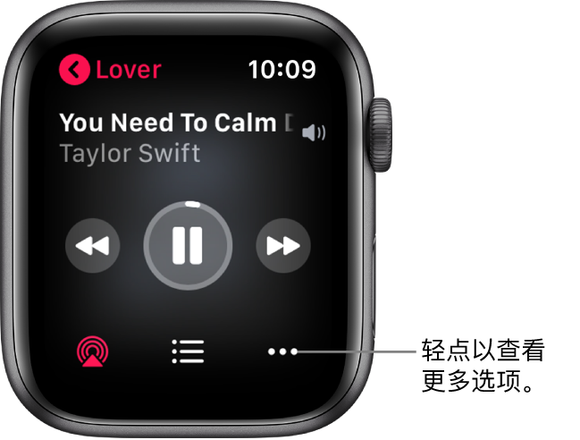 “音乐” App 中的“播放中”屏幕。专辑名称位于左上方。歌曲名称和艺人显示在顶部，播放控制位于中间，“隔空播放”、音轨列表和“选项”按钮位于底部。