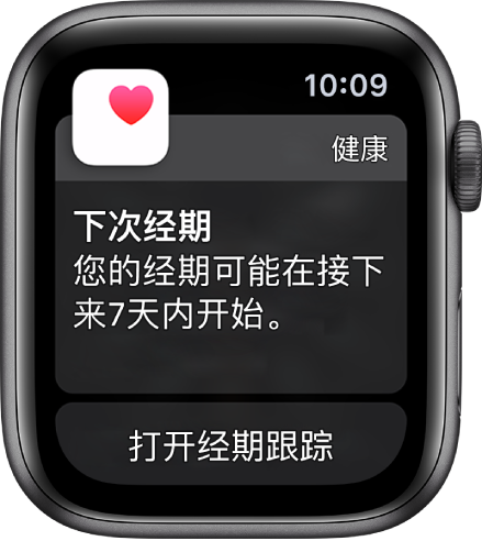 Apple Watch 屏幕显示经期预测，上面的文字为“下次经期。您的经期可能在接下来 7 天内开始。”“打开经期跟踪”按钮显示在底部。