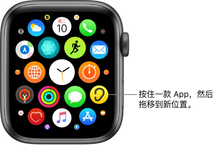 网格视图中的 Apple Watch 主屏幕。标注显示“按住一个 App，然后拖到新位置”。
