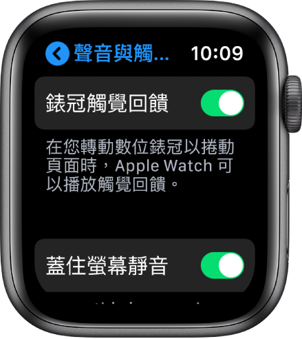 「錶冠觸覺回饋」畫面，顯示「錶冠觸覺回饋」開關已開啟。