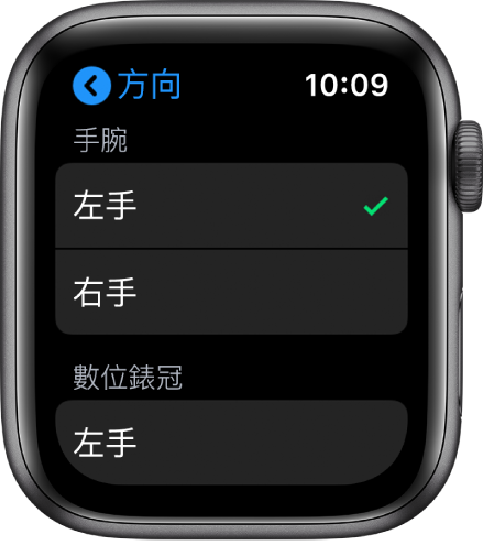Apple Watch 上的「方向」畫面。您可以設定手腕和數位錶冠偏好設定。