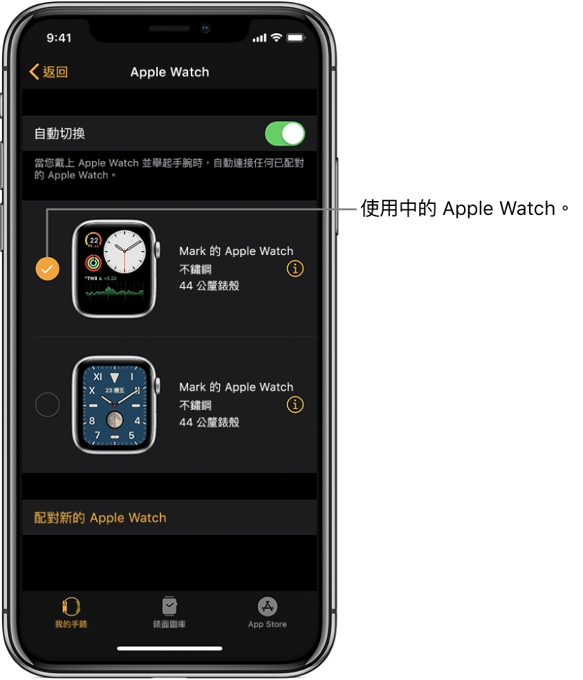 使用中的 Apple Watch 會顯示有註記符號。
