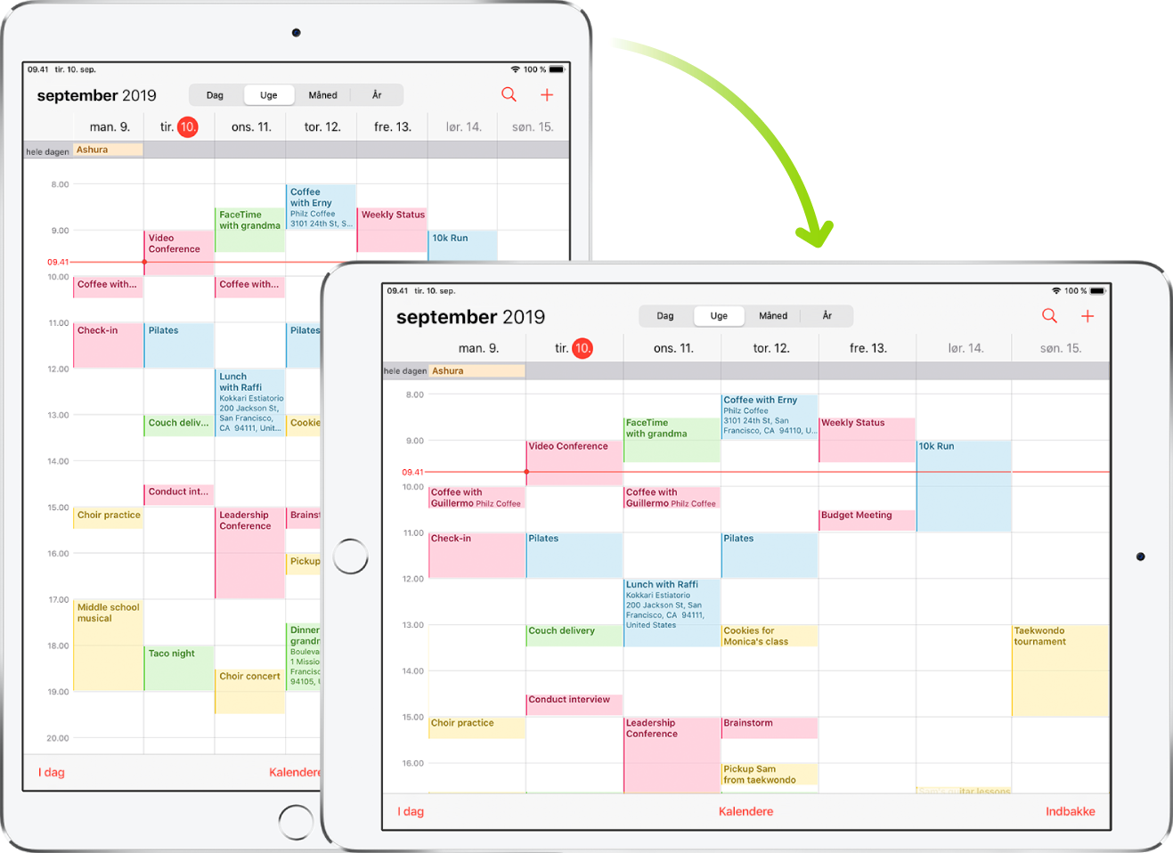 I baggrunden viser iPad en skærm i Kalender i stående retning. I forgrunden er iPad vendt på siden og viser Kalender-skærmen i liggende retning.