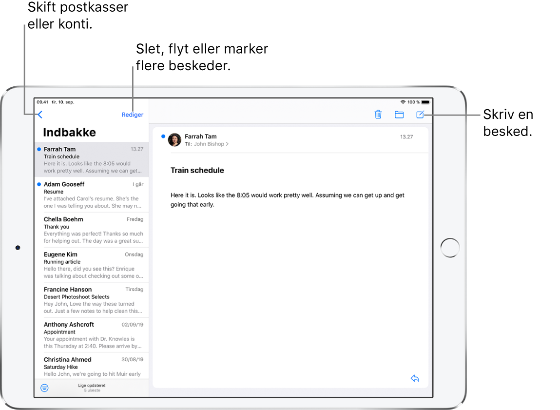 Indbakken i Mail med en liste med e-mails til venstre og en åben e-mailtråd til højre. Knappen Postkasser, der bruges til at skifte til en anden postkasse, findes i øverste venstre hjørne. Knappen til filtrering af e-mails, så kun visse typer af e-mails bliver vist, findes i nederste venstre hjørne. Knappen til at oprette en ny e-mail findes i øverste højre hjørne.