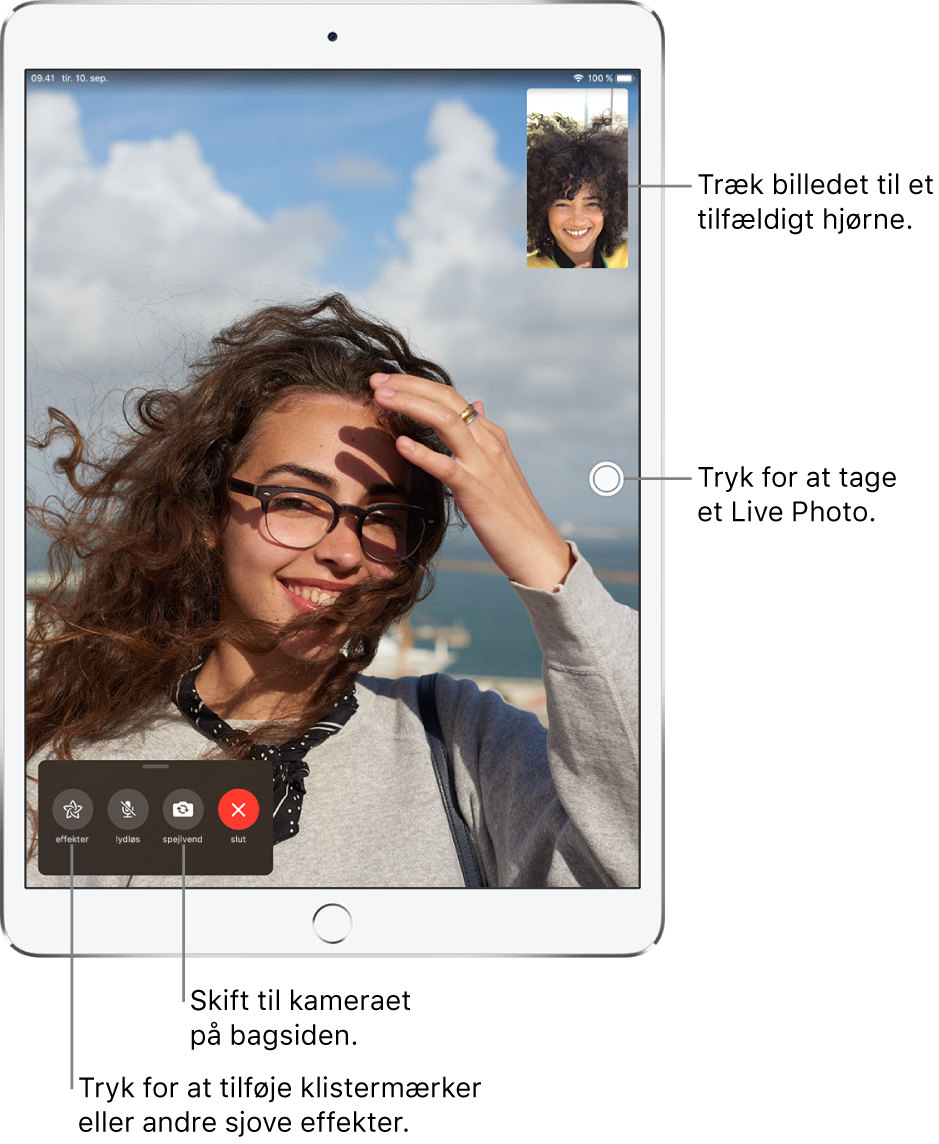 FaceTime-skærmen viser et igangværende opkald. Dit billede vises i et lille rektangel øverst til højre, og den anden persons billede fylder resten af skærmen. Langs bunden af skærmen findes knapperne Effekter, Lydløs, Spejlvend og Slut.