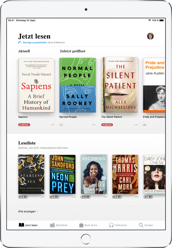 Ein Bildschirm in der App „Bücher“. Unten auf dem Bildschirm sind von links nach rechts die Tabs „Jetzt lesen“, „Bibliothek“, „Book Store“, „Hörbücher“ und „Suchen“ zu sehen, wobei der Tab „Jetzt lesen“ ausgewählt ist. Oben auf dem Bildschirm befindet sich der Bereich „Jetzt lesen“, in dem die Bücher zu sehen sind, die du gerade liest. Darunter befindet sich der Bereich „Leseliste“ mit Büchern, die du vielleicht als Nächstes lesen möchtest.