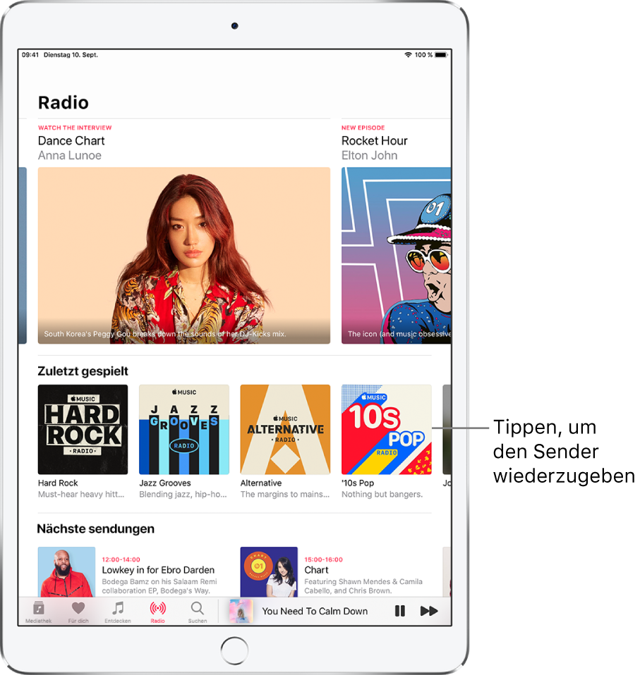 Auf dem Bildschirm „Radio“ wird oben ein Radiosender angezeigt, zuletzt gespielte Sender befinden sich in der Mitte und der Bereich für die nächsten Sendungen ist darunter zu sehen.