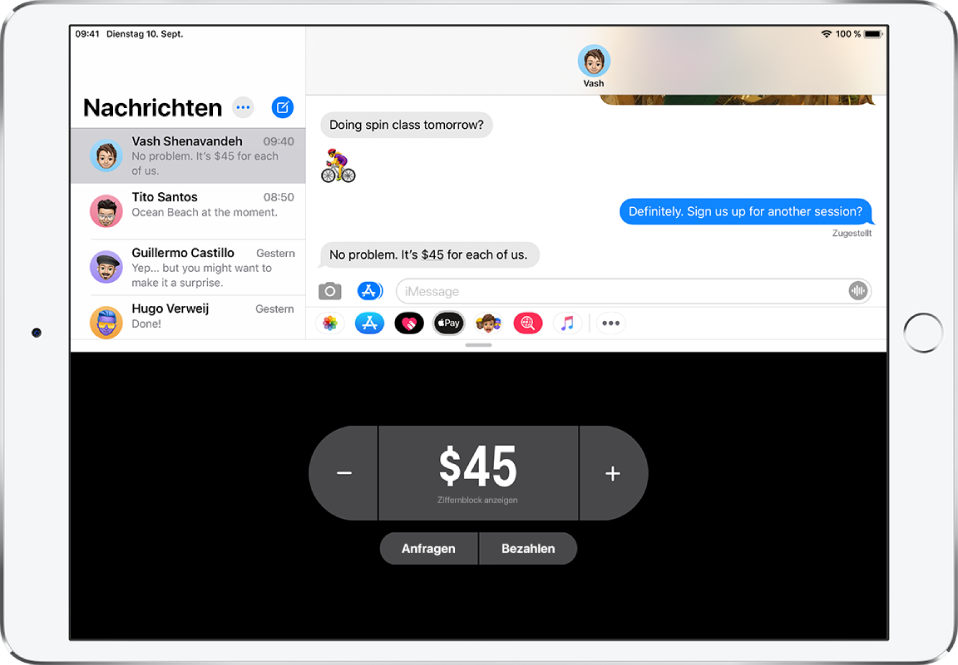 Eine iMessage-Konversation mit der geöffneten App „Apple Pay“ unten.