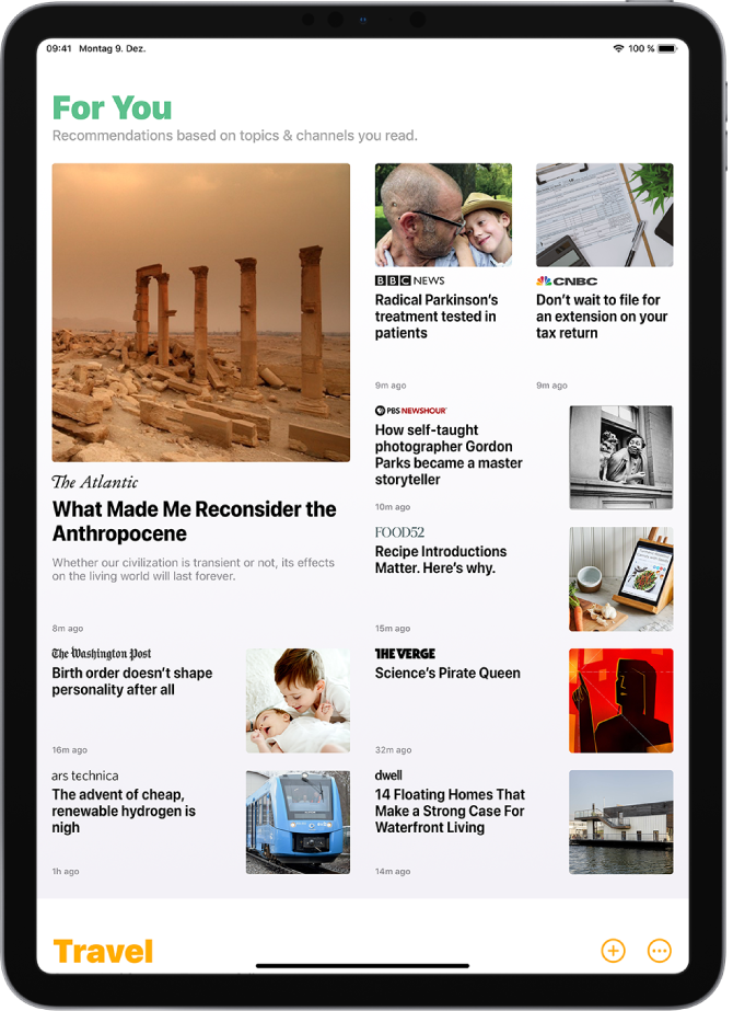 Die Ansicht „Today". Die Überschrift oben lautet „For You“. Darunter befinden sich neun Storys jeweils mit dem Namen der Publikation, einer Überschrift und einem Bild. Darunter befindet sich eine weitere Überschrift. Unten rechts sind die Tasten „Add“ und „More“.