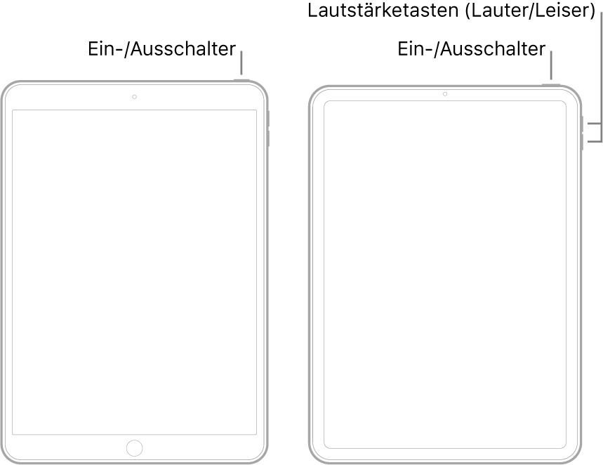 Abbildung der Vorderseite von zwei verschiedenen iPad-Modellen. Die linke Abbildung zeigt ein Modell mit Home-Taste unten am Gerät und mit einer oberen Taste, die sich rechts an der Geräteoberseite befindet. Die rechte Abbildung zeigt ein Modell ohne Home-Taste. Bei diesem Gerät befinden sich die Lautstärketasten „Lauter“ und „Leiser“ an der rechten Geräteseite. Die obere Taste befindet sich rechts an der Geräteoberseite.