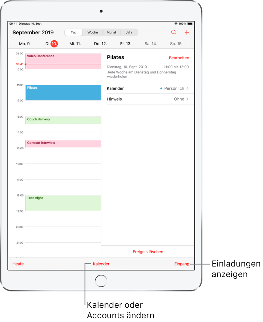 Ein Kalender in der Tagesansicht. Tippe auf die Tasten oben, um zwischen der Tages-, Wochen-, Monats- und Jahresansicht zu wechseln. Tippe unten auf „Kalender“, um zu einem anderen Kalender oder Account zu wechseln. Tippe unten rechts auf die Taste „Eingang“, um Einladungen anzuzeigen.