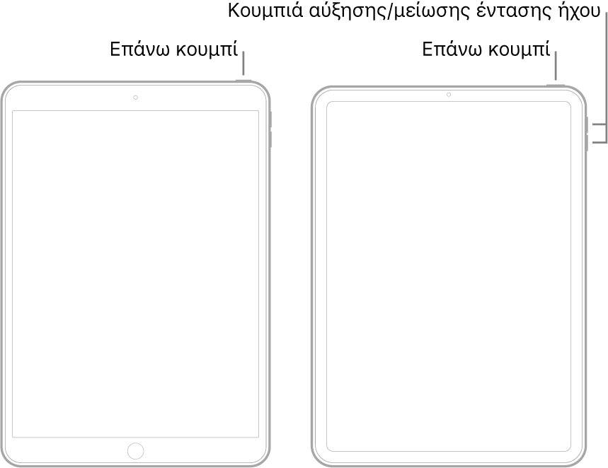 Εικόνες δύο τύπων μοντέλων iPad με τις οθόνες τους στραμμένες προς τα πάνω. Η τέρμα αριστερά εικόνα δείχνει ένα μοντέλο με κουμπί Αφετηρίας στο κάτω μέρος της συσκευής και ένα πάνω κουμπί στην πάνω δεξιά πλευρά της συσκευής. Η τέρμα δεξιά εικόνα δείχνει ένα μοντέλο χωρίς κουμπί Αφετηρίας. Σε αυτήν τη συσκευή, τα κουμπιά αύξησης και μείωσης της έντασης ήχου βρίσκονται στην δεξιά πλευρά της συσκευής κοντά στο πάνω μέρος, και ένα πάνω κουμπί βρίσκεται στην πάνω δεξιά πλευρά της συσκευής.