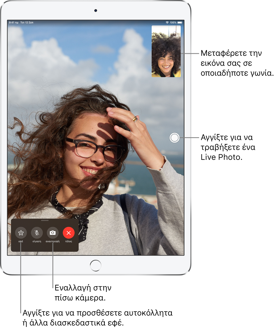 Η οθόνη του FaceTime που δείχνει μια κλήση σε εξέλιξη. Η εικόνα σας εμφανίζεται σε ένα μικρό ορθογώνιο πάνω δεξιά, και η εικόνα του άλλου ατόμου γεμίζει την υπόλοιπη οθόνη. Κατά μήκος του κάτω μέρους της οθόνης βρίσκονται τα κουμπιά Εφέ, Σίγασης, Αναστροφής, και Λήξης.